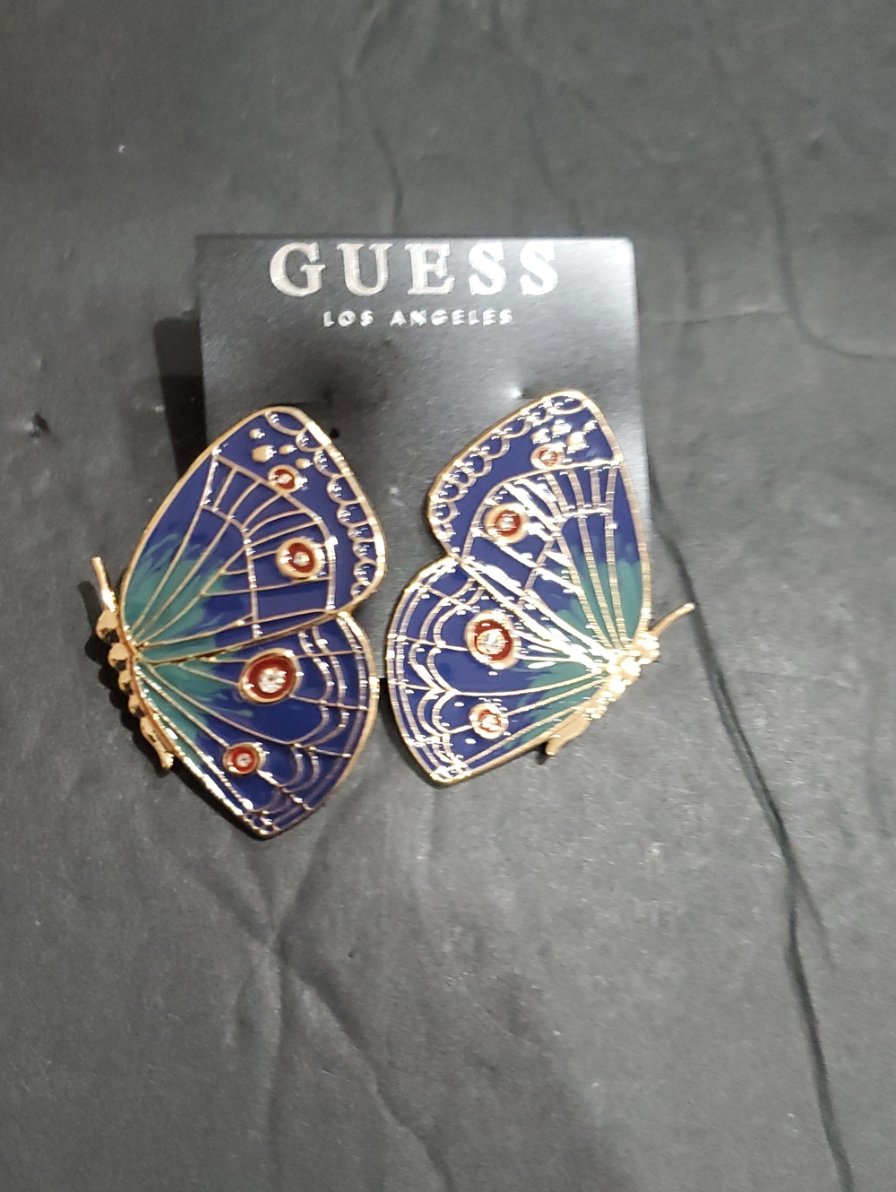 Guess blue green multi gemstone studded butterfly shaped dangle earrings NEW